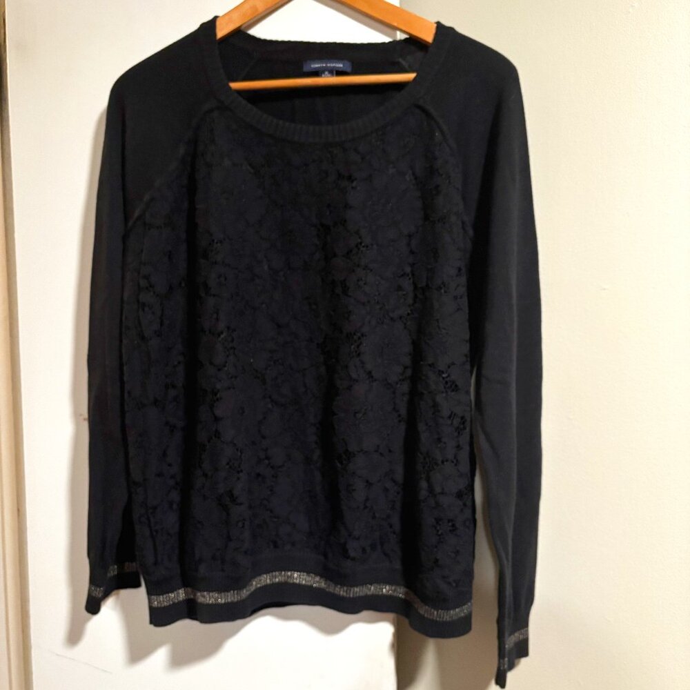 Tommy Hilfiger women black lace w hint of gold speck floral lace sweater SZ: XL